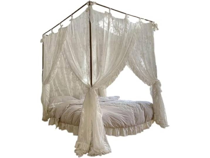 JuanNest Himmelbett Vorhang, Eleganter Prinzessinnen-Vorhang Mit Befestigungspunkten Und 3 Öffnungen, Moskitonetz, Romantische Raumdekoration, Zarte Stoffgardinen Für Schlafzimmer 180 * 200cm