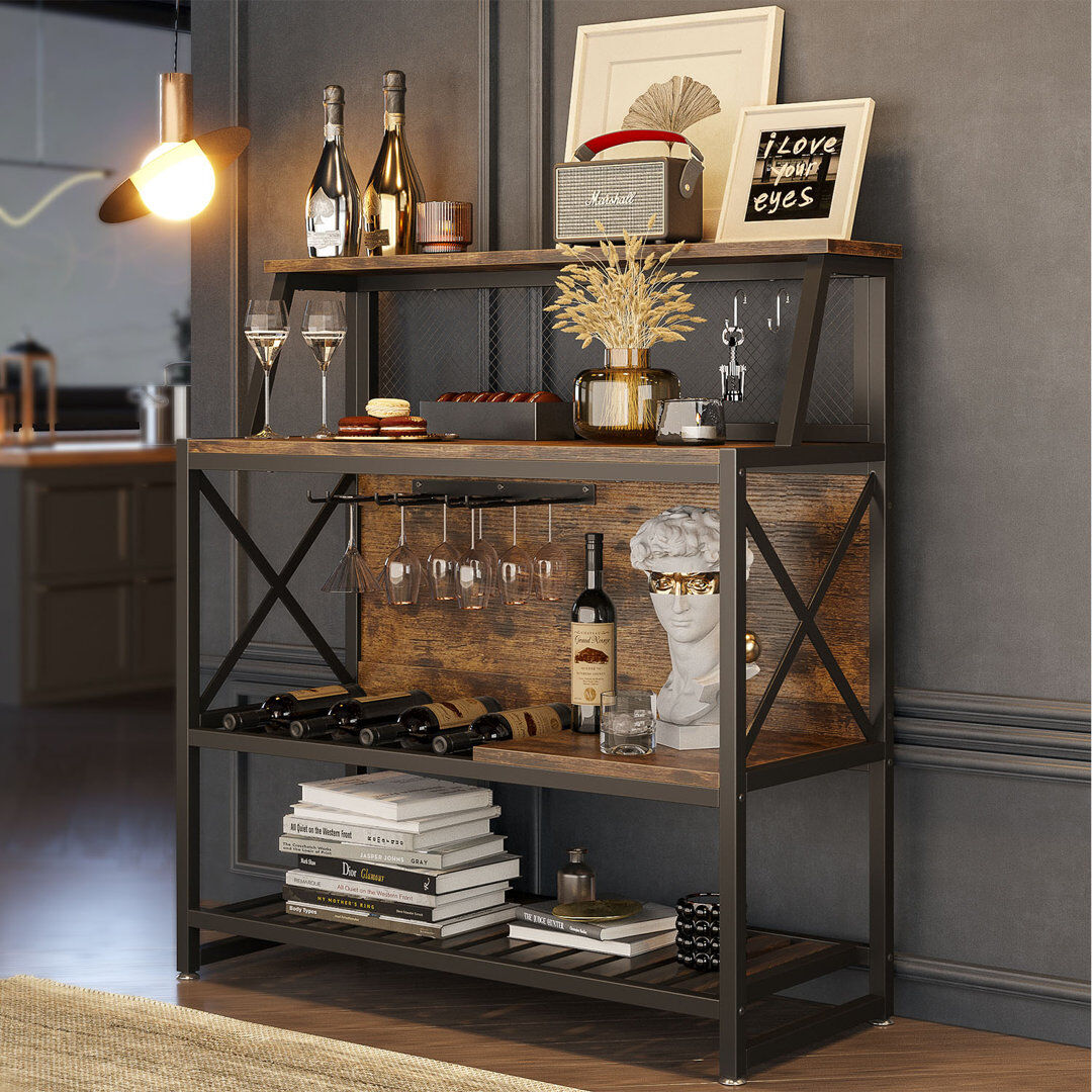 August Grove 100W x39.8D x 106H cm Selleck Bar with Wine Storage With Cup Holder Rustic Brown/Black 106cm H X 40cm D X 100cm L
