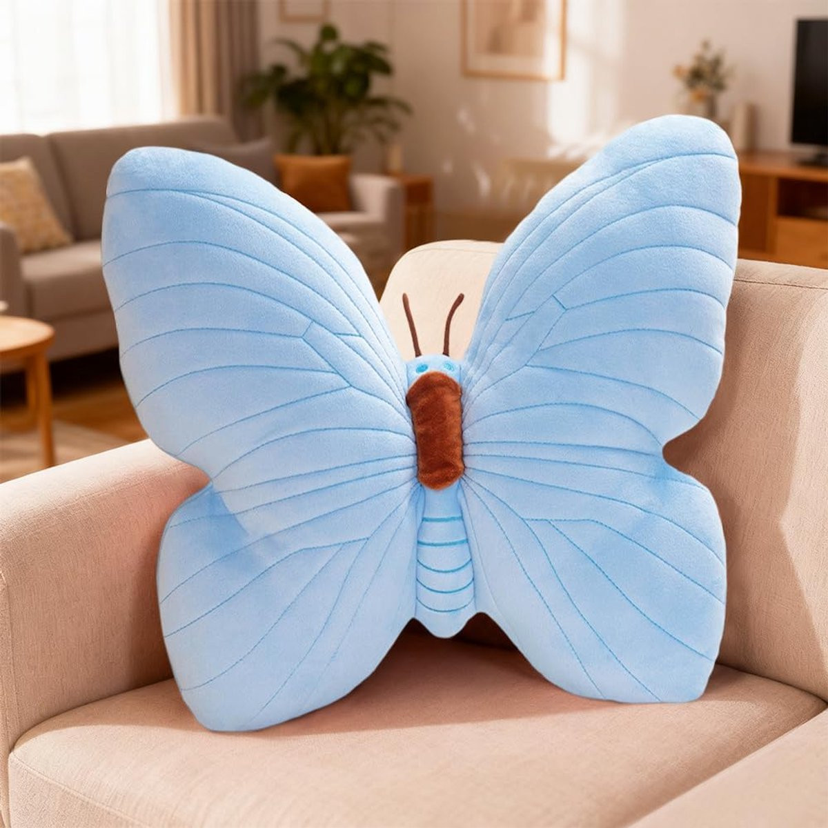 Blauw Vlinderkussen van zacht kunstkonijnenbont voor in de woonkamer, 40 cm