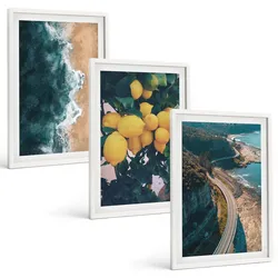 BILDER SET 3er Set - 40x60 cm Weißer Rahmen - Meerstrand Zitronen Berge
