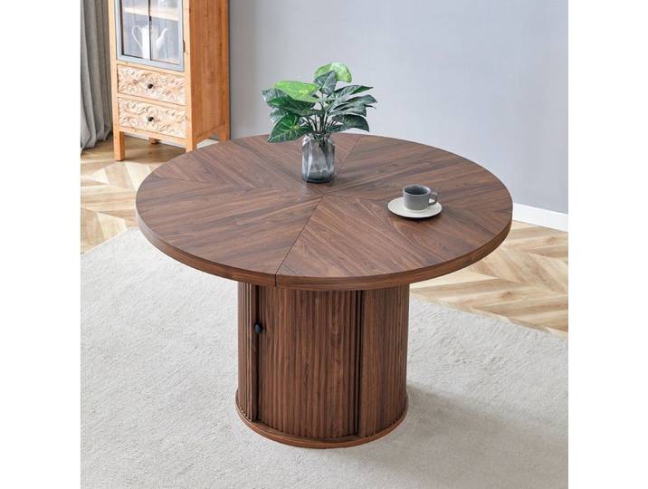 Table de Salle a Manger Ronde 4 a 6 Personnes avec Rangement Integre Pied Central MDF Aspect Noyer 115×115×74 cm - UVRION