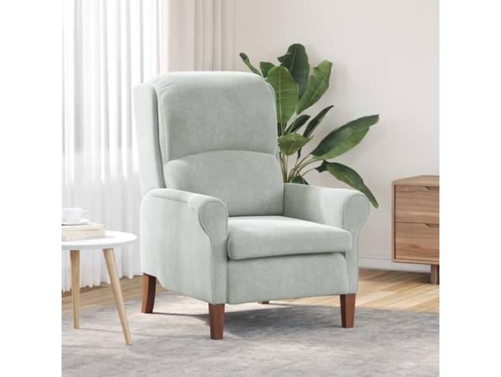Sessel aus hellgrauem Samt mit Beinen aus massivem Kautschuk Holzwerkstoff, gerollte Armlehnen, hohe Rückenlehne, einfache Pflege, modernes Design, täglicher Komfort