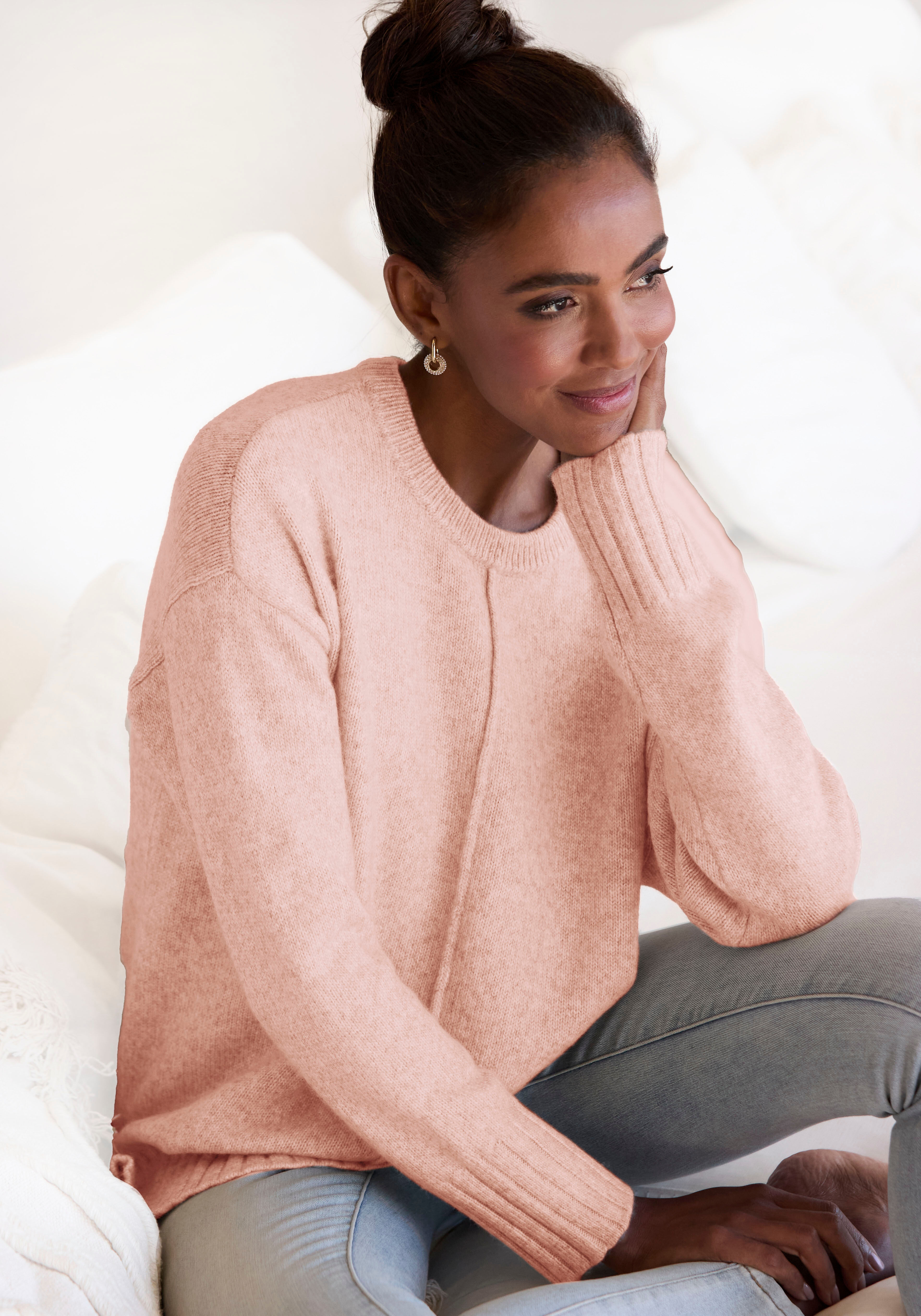 Rundhalspullover LASCANA "aus supersofter Strickqualität", Damen, Gr. 52/54, rot (rosenholz), Strick, Obermaterial: 53% Polyester, 37% Polyacryl, 10% Polyamid, unifarben, figurumspielend hüftlang, Rundhals, Pullover Rundhalspullover, kuscheliger Strickpul