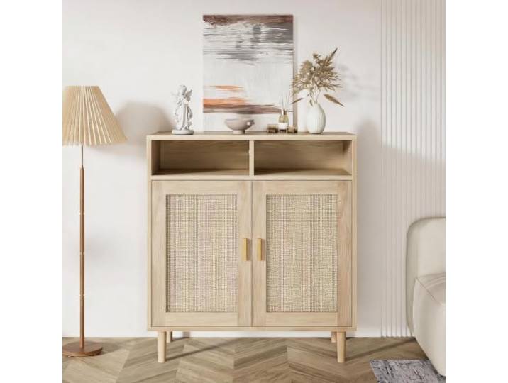 Hapihom Sideboard Rattan, Küchenschrank mit 2 Offenem Fach & 2 Rattan Türen, 80 x 40 x 94cm Boho-Stil Buffetschrank, Aufbewahrungsschrank für Küche Wohnzimmer und Esszimmer