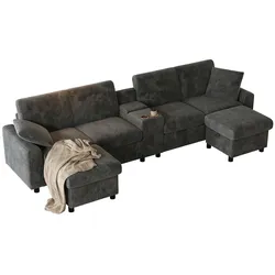 U-förmiges Schlafsofa mit Stauraum 315x135x81 Hocker Schlaffunktion USB Steckdosen Cord bequem Wohnzimmer Grau