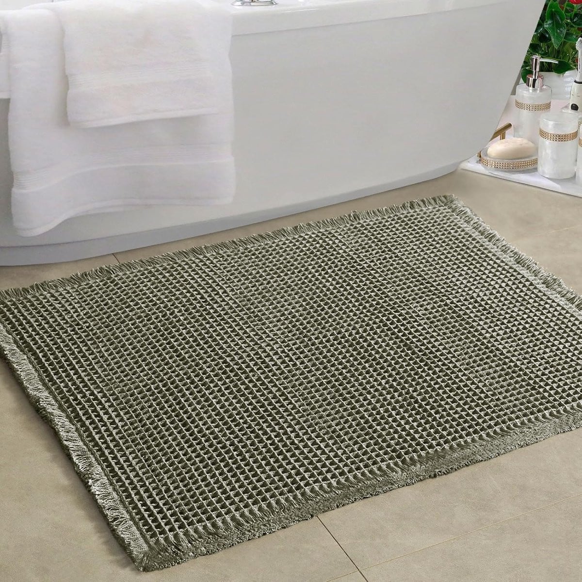 Zachte wafel badmat met antislip en franje, grijs, 50 x 80 cm