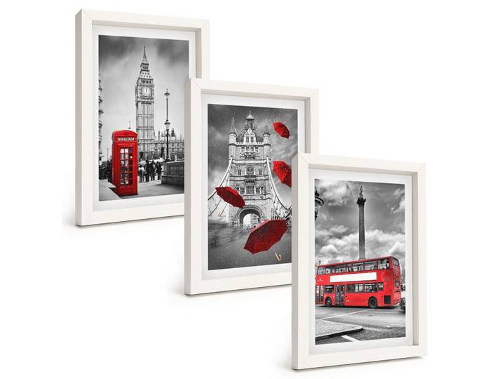 BILDER SET 3er Set - 20x30 cm Weißer Rahmen - Roter Regenschirmstand und Londoner Bus
