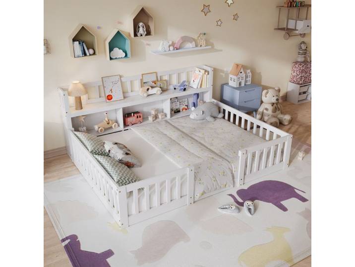ADWOLT Lit simple en bois massif 140 x 200 cm lit enfant avec étagère Lit au sol Montessori avec barrières de sécurité blanc