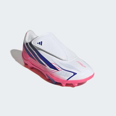 Fußballschuh ADIDAS PERFORMANCE "F50 HYPERFAST CLUB KIDS, NATURRASEN/GEMISCHTE BÖDEN, KLETTVERSCHLUSS", Herren, Gr. 28, pink (cloud weiß, solar lila, solar turbo), Synthetik, Schuhe Fußballschuh, für viele verschiedene Böden geeignet