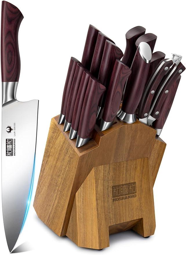 Messerblock Set, 18 teilig Messerset mit Holzblock, Schere, Schärfer, Kochmesser Set mit Scharfe Klingen, Hochkohlenstoff-Edelstahl mit Hohem Kohlenstoffgehalt Profi kochmesser Set