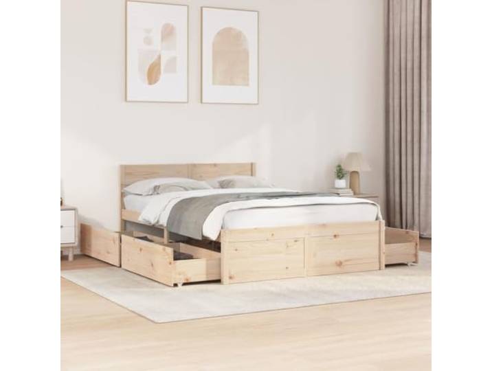 Xolmizyn Massivholzbett 120x190 cm Kiefernholz Bettgestell mit 4 Bettschubladen und Lattenrost für Schlafzimmer