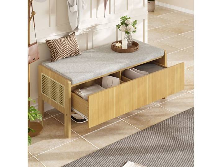 Banc à chaussures avec rangement 2 tiroirs en rotin - banc d'entrée avec assise - bambou et MDF naturel gris