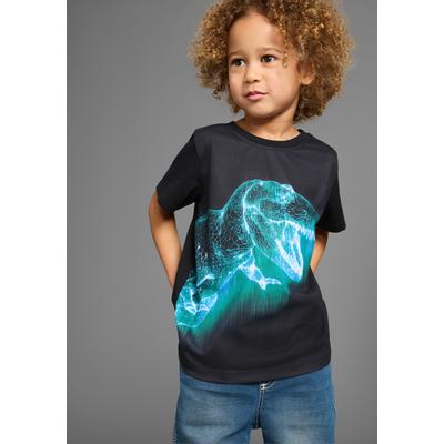 T-Shirt KIDSWORLD "BIG DINO", Jungen, Gr. 104/110, schwarz, Single Jersey, Obermaterial: 100% Baumwolle. Obermaterial Vorderteil: 100% Polyester, bedruckt, Basic, Rundhals, Shirts T-Shirt, T-Shirt mit coolem Dino-Print