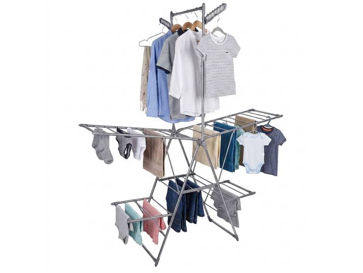 Relaxdays Séchoir À Linge Pliable En Inox\, 2 Ailes\, Tringle\, Argenté\, Dimensions Hxlxp: 201 X 136\,5 X 56\,5 Cm