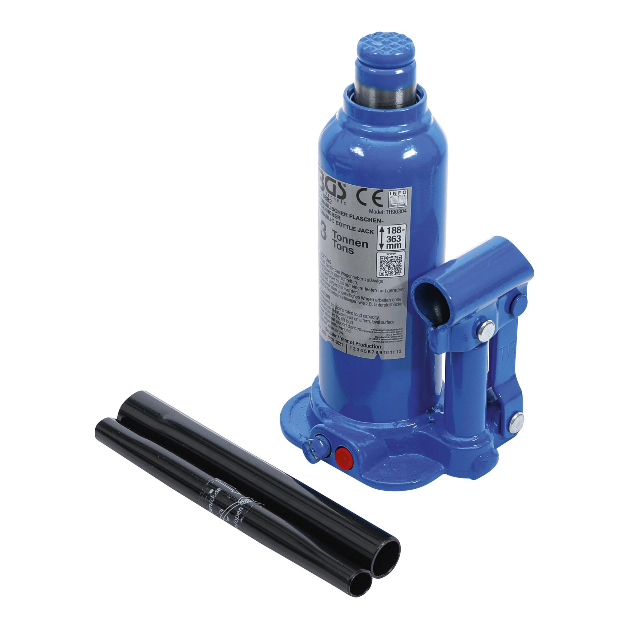 BGS technic Hydraulischer Flaschen-Wagenheber 3 t aus Stahl mit Hydraulikzylinder und Ventil für Fahrzeuge, 9882)