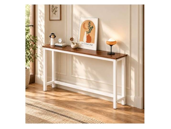 Schmaler Sofatisch, Langer Beistelltisch, Eingangstisch, Schmales Design Holztischplatte / Metallgestell, Offen gestaltet, für Eingang, Flur, Foyer, Wohnzimmer, Braun-Weiß 80×15×80cm