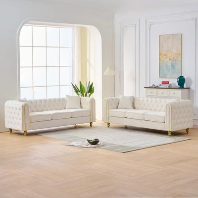GDFStudio Valemont Velvet Chesterfield 3+3 Seater Sofa Set with Button Tufted Rolled Arms and Gold Legs