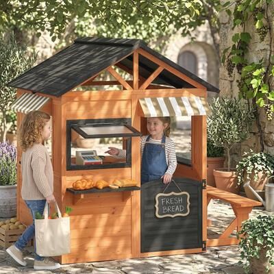Homcom Qaba Wooden Kids Playhouse with Kitchen, Picnic Bench, Windows & Door, Brown, Ages 3–8