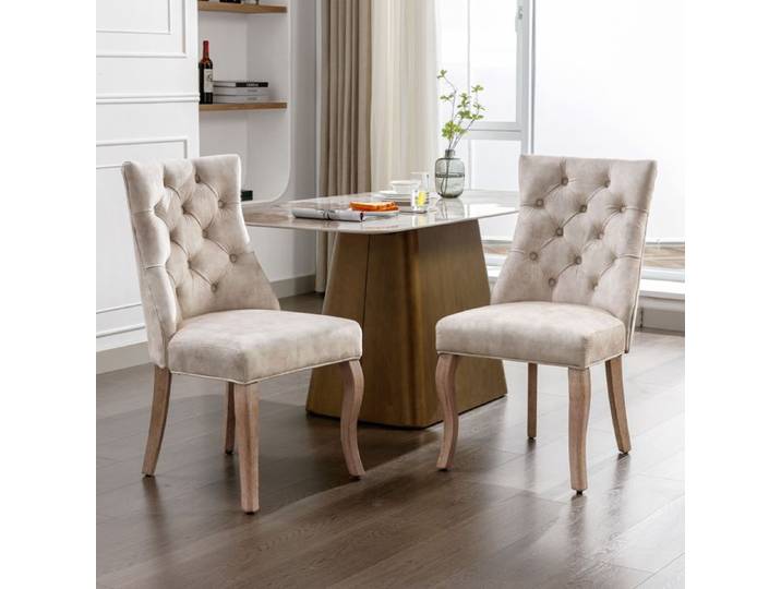 Chaise salle a manger - Velours dossier haut matelassage boutons structure en bois massif beige clair (2 pièces)
