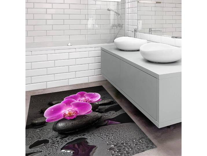 Tapis en vinyle Orchidées et pierres 135 x 180cm Rose foncé