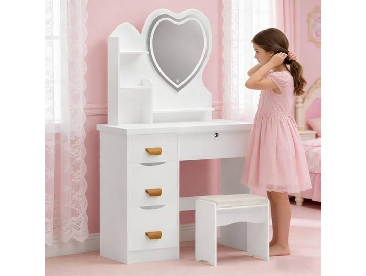 Coiffeuse coeur avec miroir LED et tabouret eclairage personnalisable pour un maquillage parfait a tout moment