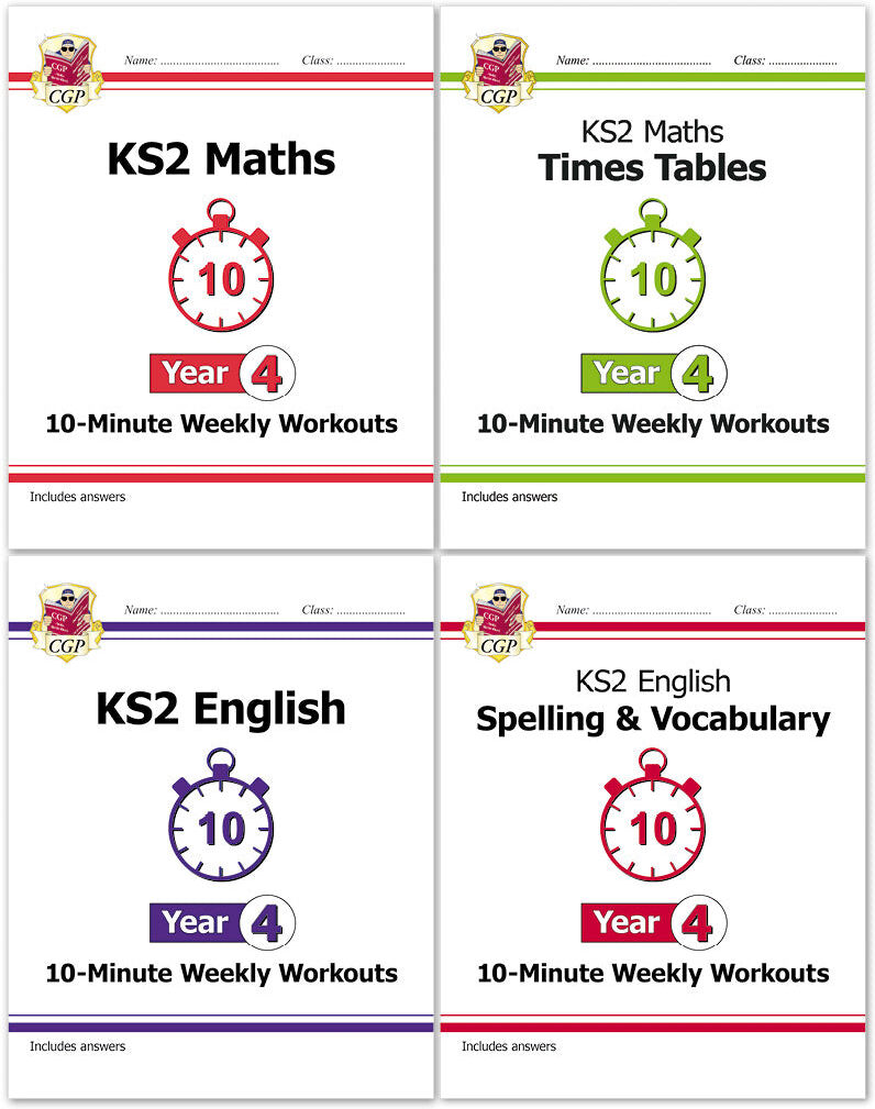 CGP Books CGP KS2 Year 4 10-Minute Weekly Workout Bundle – Ages 8-9 (Maths, English, Times Tables, Spelling and Vocabulary)