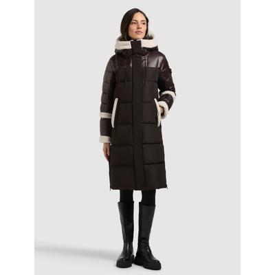 Steppmantel KHUJO "DESNA3", Damen, Gr. XS, chocolate chip, Web, 100% Polyester, unifarben, regular fit knielang, eingesetzt elastischer Bund mit Windstopper, Mäntel Steppmantel