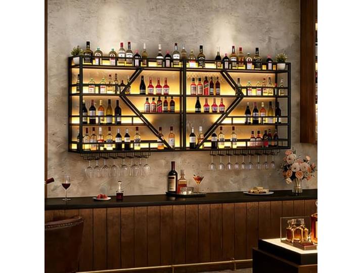 amhricho Metall Weinregal zur Wandmontage, Modernes Weinlagerregal zur Wandmontage mit Weinglashalter, Spirituosenregal, Barregale für Spirituosenflaschen (4-Black, 200 * 20 * 123CM)