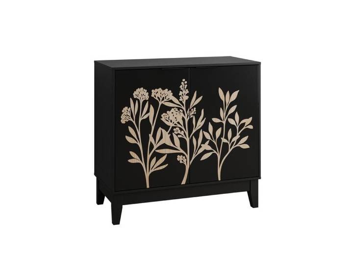 Buffet bas 80 cm sideboard 2 portes avec étagères réglables MDF noir décor sculpté rangement TYNQER