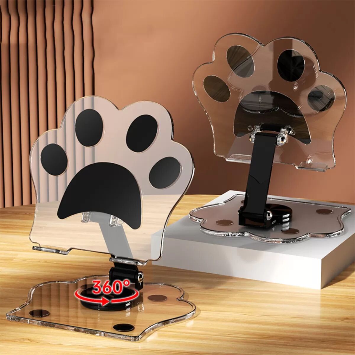 INF Katze-Pfote Transparentes Acryl Handy- und Tablet-Ständer, 360° Rotierender Desktop-Halter, Tragbar, Multifunktional, Schwarz