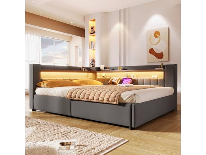 BTM Tagesbett 140 x 200 cm mit Ladefunktion Stauraumbett Schlafsofa Polsterbett mit LED (ohne Matratze), Einzelbett, Grau