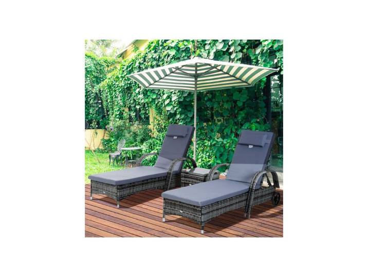 Transat 3p Outsunny rotin+acier gris ensemble mobilier extérieur détente jardin