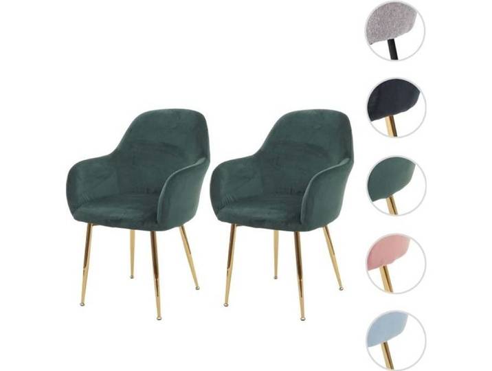 2x chaise de salle à manger MCW-F18 design rétro ~ vert velours pieds dorés