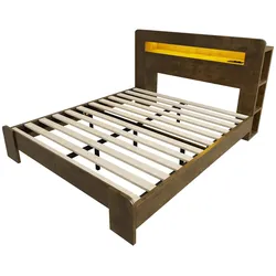 MODFU Bettgestell aus Holz in Vintage-Holz, 140x200 cm, mit LED, Stauraum und Steckdosen
