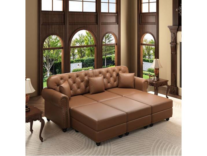 WOVREO Canapé Chesterfield 3 places marron en simili cuir avec 3 poufs mobiles