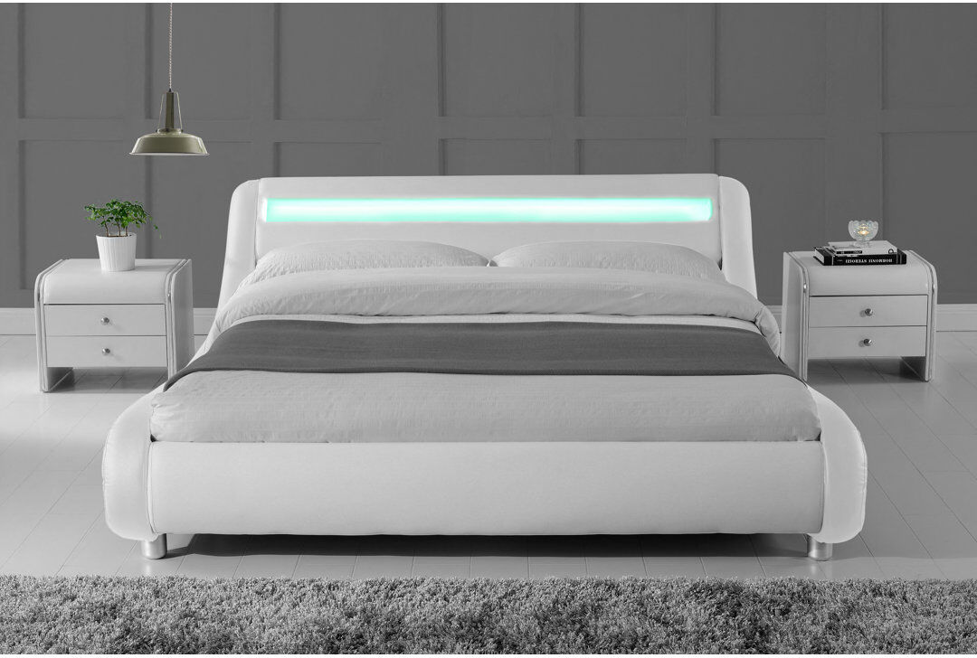 Zipcode Design Kyara Upholstered Faux Leather Sleigh Bed White Double (4'6)