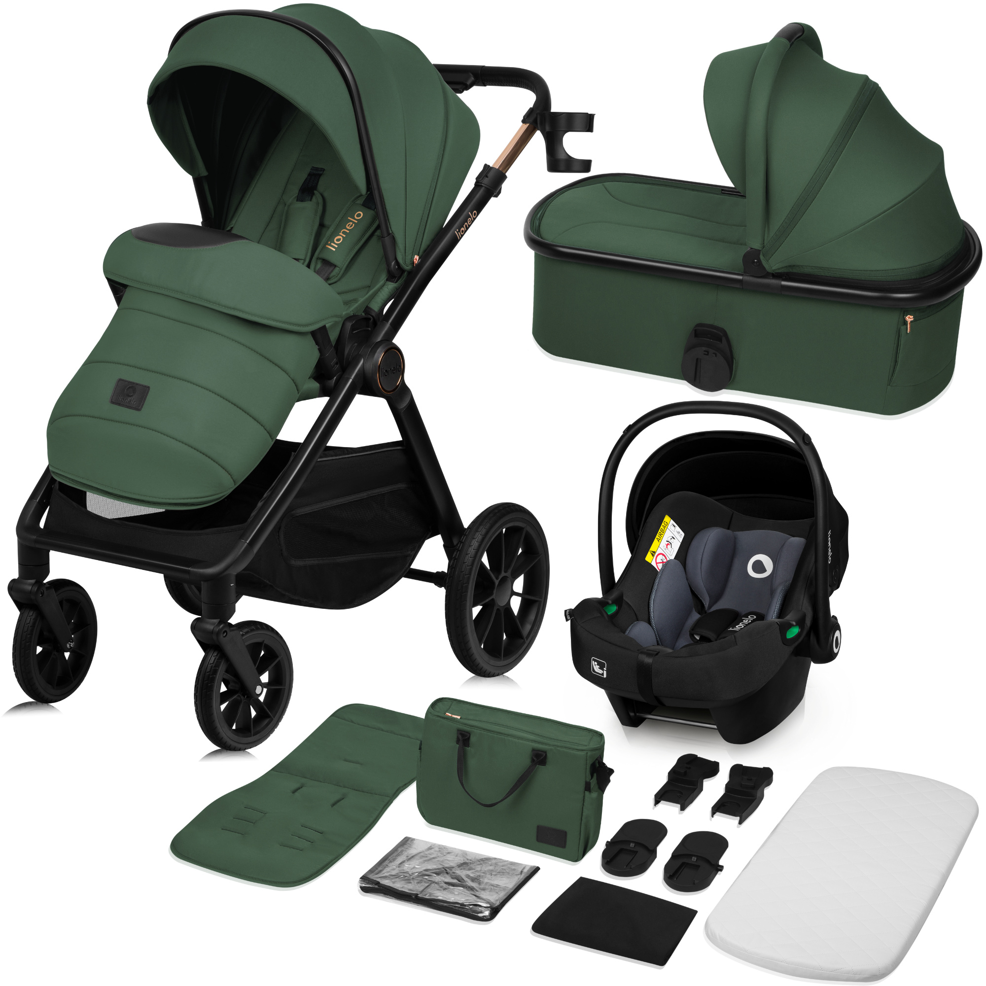 Lionelo Kombikinderwagen Layla 3in1 Babyschale, Babywanne und Buggy bis 22 kg, Babywanne bis 9 kg, 360° Schwenkbare PolyurethanRäder, XXL Verdeck - Grün