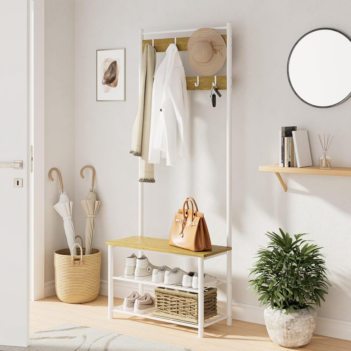 HEYZOEY Houten kapstok met zitbank en schoenenrek, wit