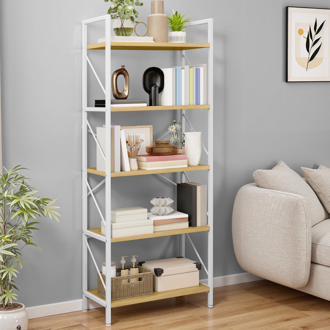 17 Stories Industrial Bookcase, Corner Shelf Unit, Shelving Unit, For Living Room, Study, Home Office Oak Wood/White 158cm H X 60cm W X 30cm D