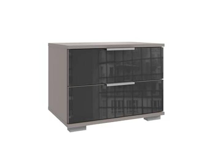 möbelando Nachtkommode >Easy Plus< modern in Saharagrau mit Glas Grey Schubladen, 2 Schubladen, Made in Germany, modern für das Schlafzimmer, zerlegt, 13 kg, platzsparend, 52x40x38cm (BxHxT).