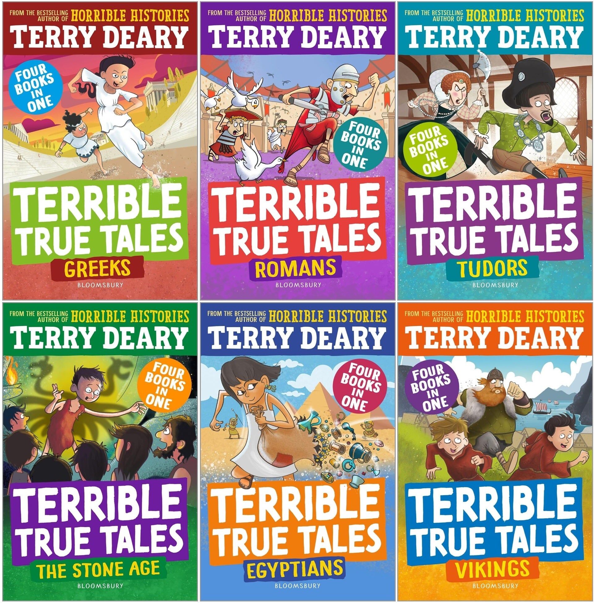 Bloomsbury Education Terrible True Tales Series 6 Books Collection Set by Terry Deary (Egyptians, Tudors, Vikings, Romans, The Stone Age, Greeks)