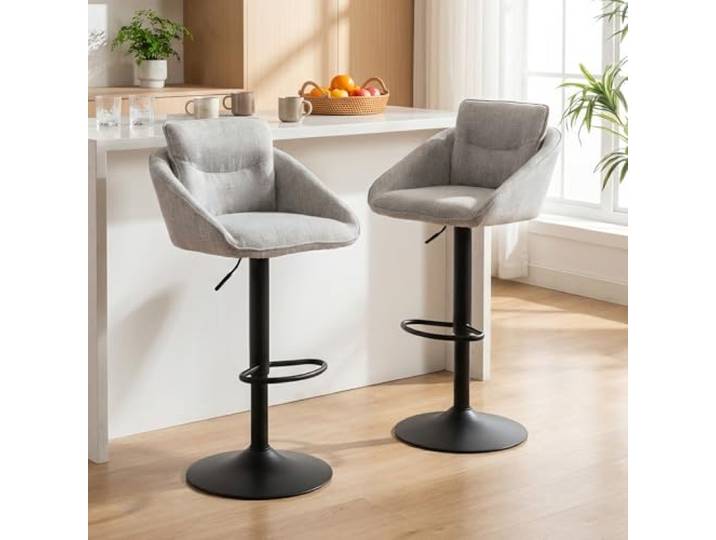 Ya-Home Barhocker 2er Set mit Leinenstoff, Barstuhl Höhenverstellbar, Grau Bistrohocker drebar mit Rückenlehne & Fußstütze, gepolsterter Tresenhocker, Bar Stools für Küche/Wohnzimmer