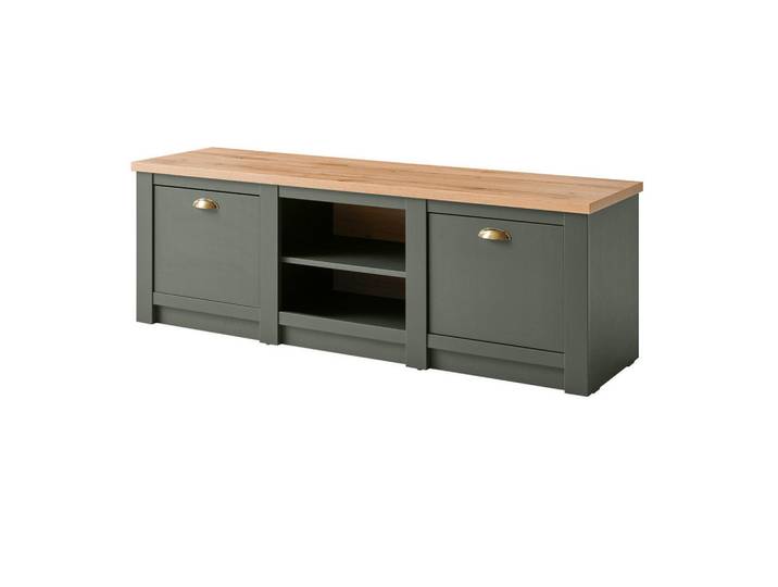 Furn.Design Tv-Lowboard grün, Wotan Eiche 152 x 51 cm, TV Unterteil im Landhaus-Stil, Grün, Eiche Wotan, Kunststoff, Nachbildung,Eiche, Uni, Holz Optik, Sockel, 152x51x45 cm, Wohnzimmer, TV Möbel, Lowboards, Lowboards stehend