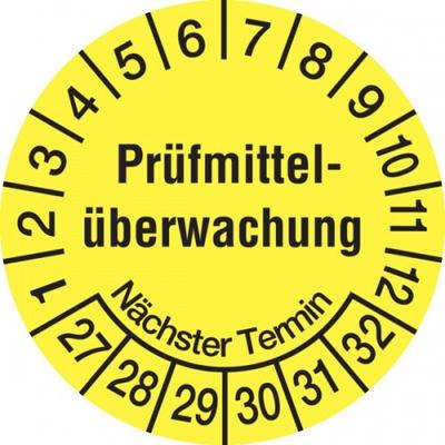König Werbeanlagen Prüfplakette ab 27, Prüfmittelüberwachung Nächster Termin, gelb/schwarz, Folie, Ø 20mm - Bogen = 10 Stk. - 20 mm Folie selbstklebend