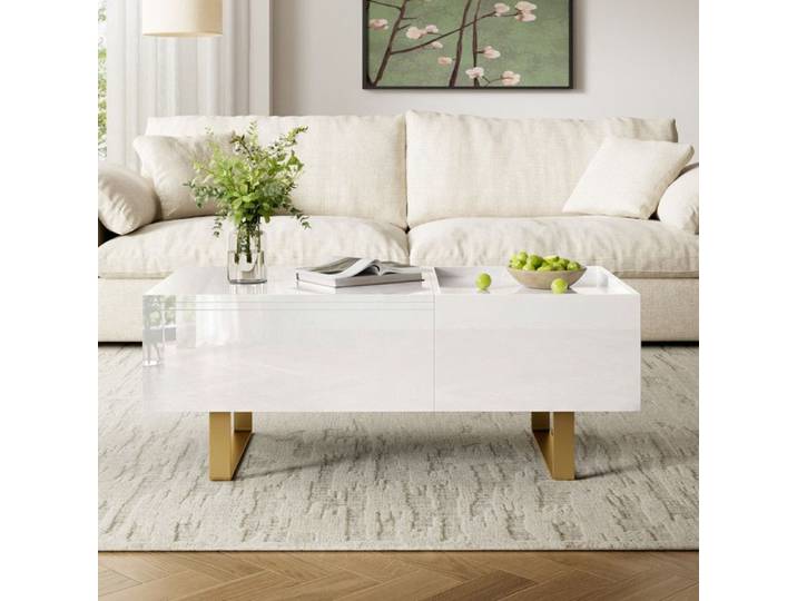 Bladez - Table basse Relevable laquée brillante avec tiroirs de rangement Design élégant convient au salon Blanc