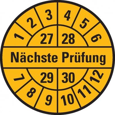 Dreifke® Prüfplakette Nächste Prüfung 27-30, gelb, Dokumentenfolie, Ø 30mm, 18 St/Bogen