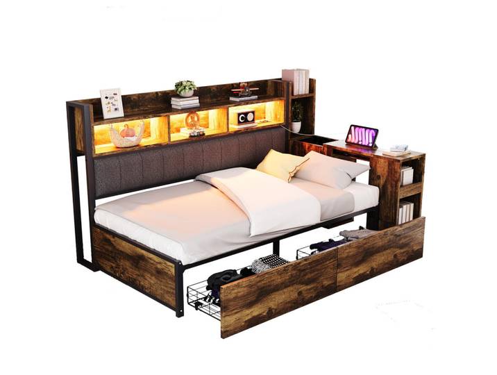 Modfu Multifunktionsbett aus Metall und Holz 90x200 cm Naturholzfarben mit Schreibtisch, Steckdosen, LED und Stauraum, Naturfarben, 90x200 cm, Schlafzimmer, Betten