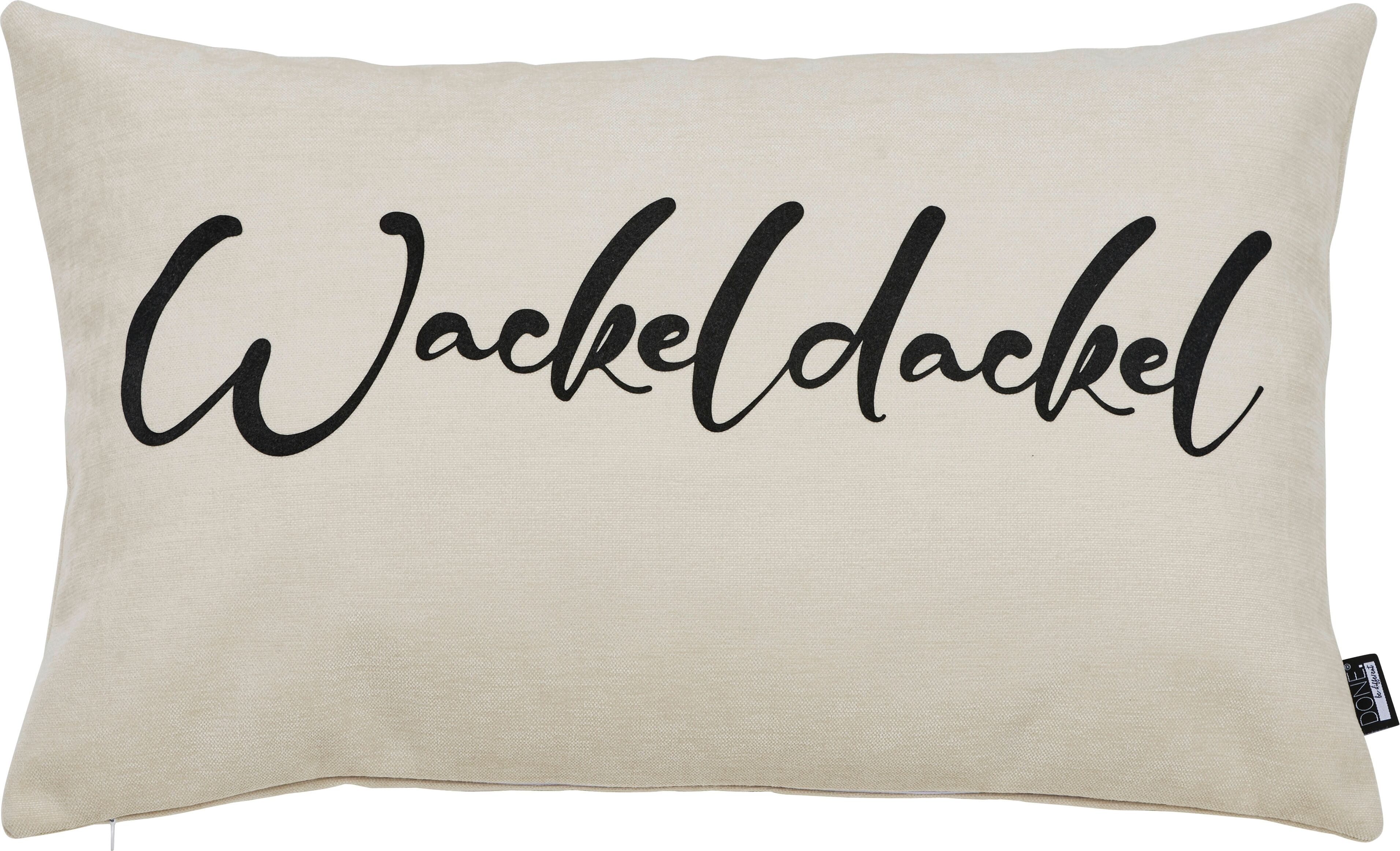 Dekokissen DONE. "WACKELDACKEL", beige (beige, schwarz, schriftzug), B:40cm L:60cm, Polyester, Dekokissen_Sitzkissen_Kissenhüllen, Dekokissen, Extra weiche Haptik