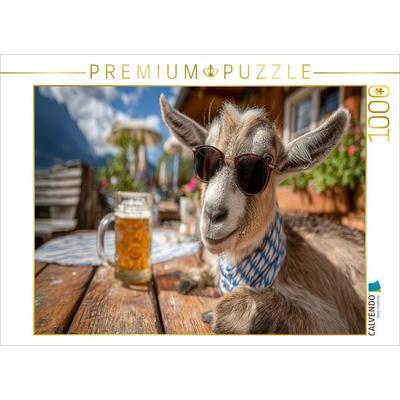 CALVENDO Puzzle Ziege mit Sonnenbrille im bayerischen Biergarten | 1000 Teile Lege-Größe 64x48cm Foto-Puzzle für glückliche Stunden