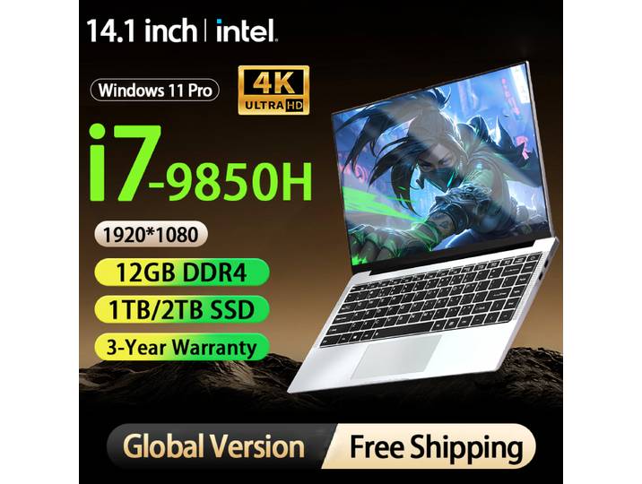Nouvel ordinateur portable 14,1 pouces Intel Core I7 9850H 12 Go de RAM 1 To 2 To SSD Ordinateurs portables de jeu Ordinateur portable Windows 11 Pro Ultra fin Ordinateur de bureau pour l'étude PC
